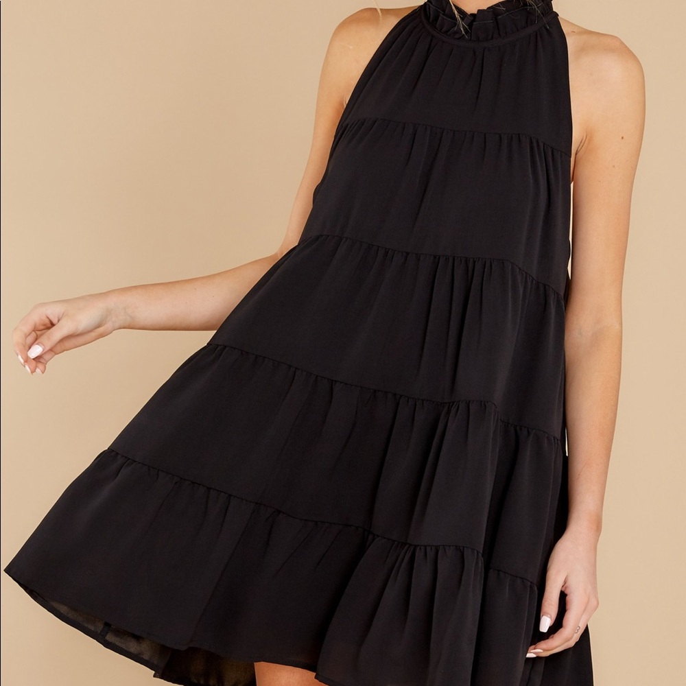 Red Dress black tiered dress with tie neck